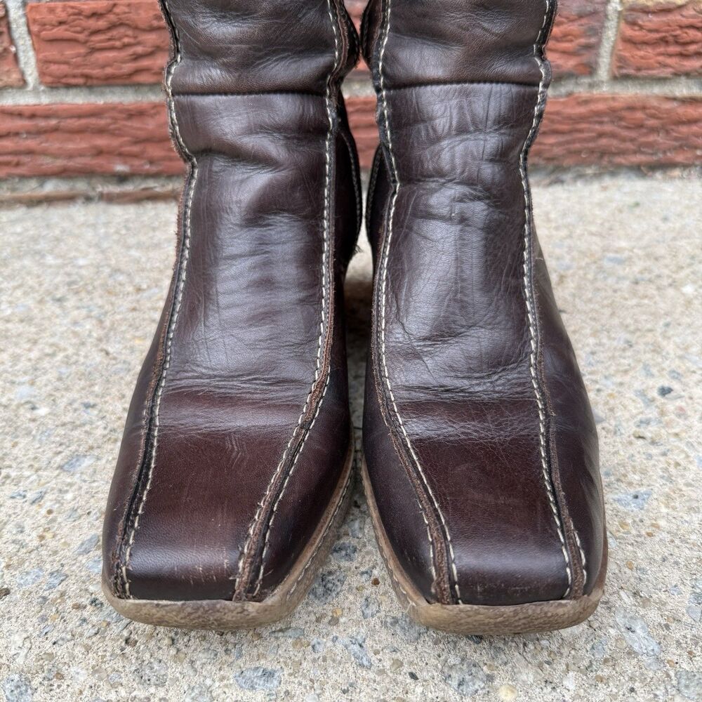 Vintage Brown Leather Wedge Boots Womens IT 39 US 8.5 Knee High Square Toe Y2K - Picture 3 of 15